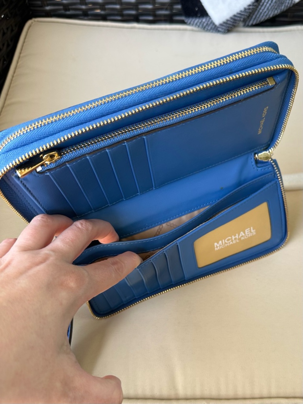 Michael Kors Brown Wallet with Blue Trim and Wristlet - Picture 6 of 11